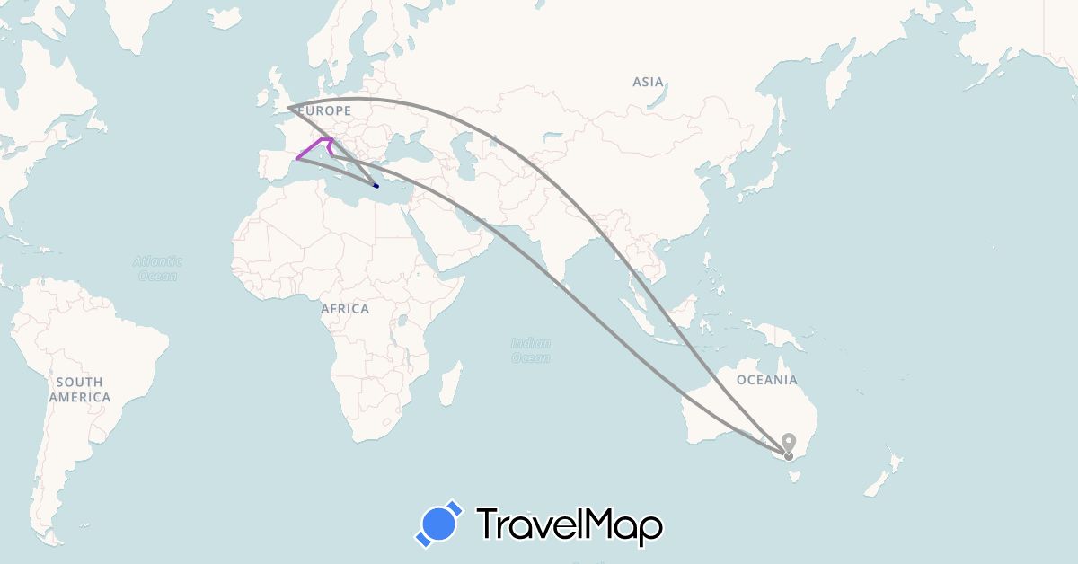 TravelMap itinerary: driving, plane, train in Australia, Spain, United Kingdom, Greece, Italy (Europe, Oceania)